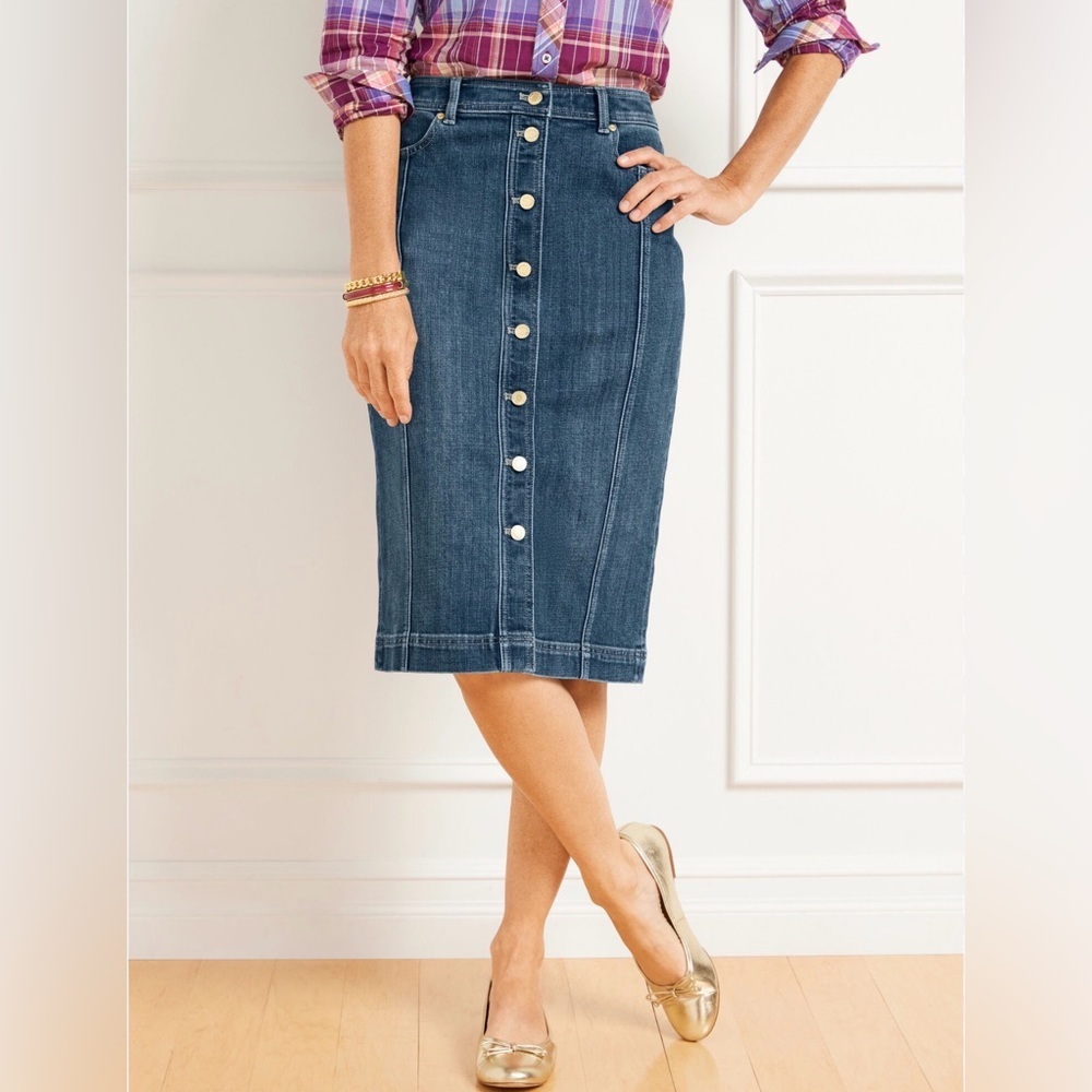 Talbots‎ Denim Button Front Pencil Midi Skirt High Rise Blue Stretch Size 2
